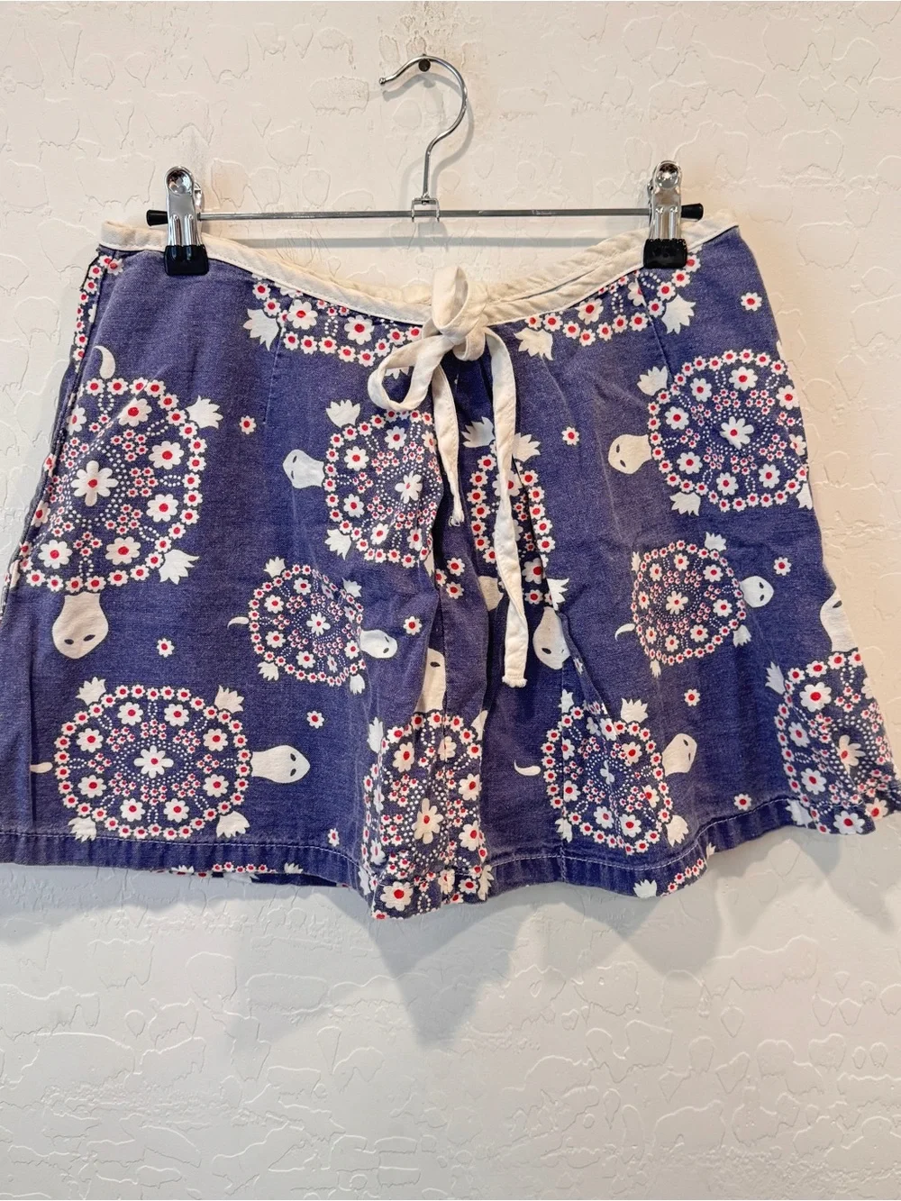 Y2K Roxy Navy Blue Floral Turtle Mini Skirt Size 9 Cotton Vacation Beach